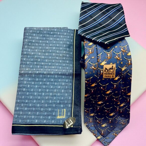Set Necktie Silk : Hermes Paris & Flamboyant Blue +Dunhill Handkerchief  19"(47) - Picture 3 of 16